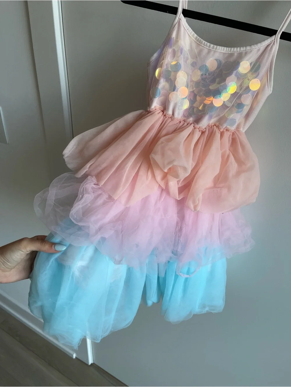 Lola + the Boys Pastel Sequin Tulle Tiered Costume Dress - Pink, Peach & Blue